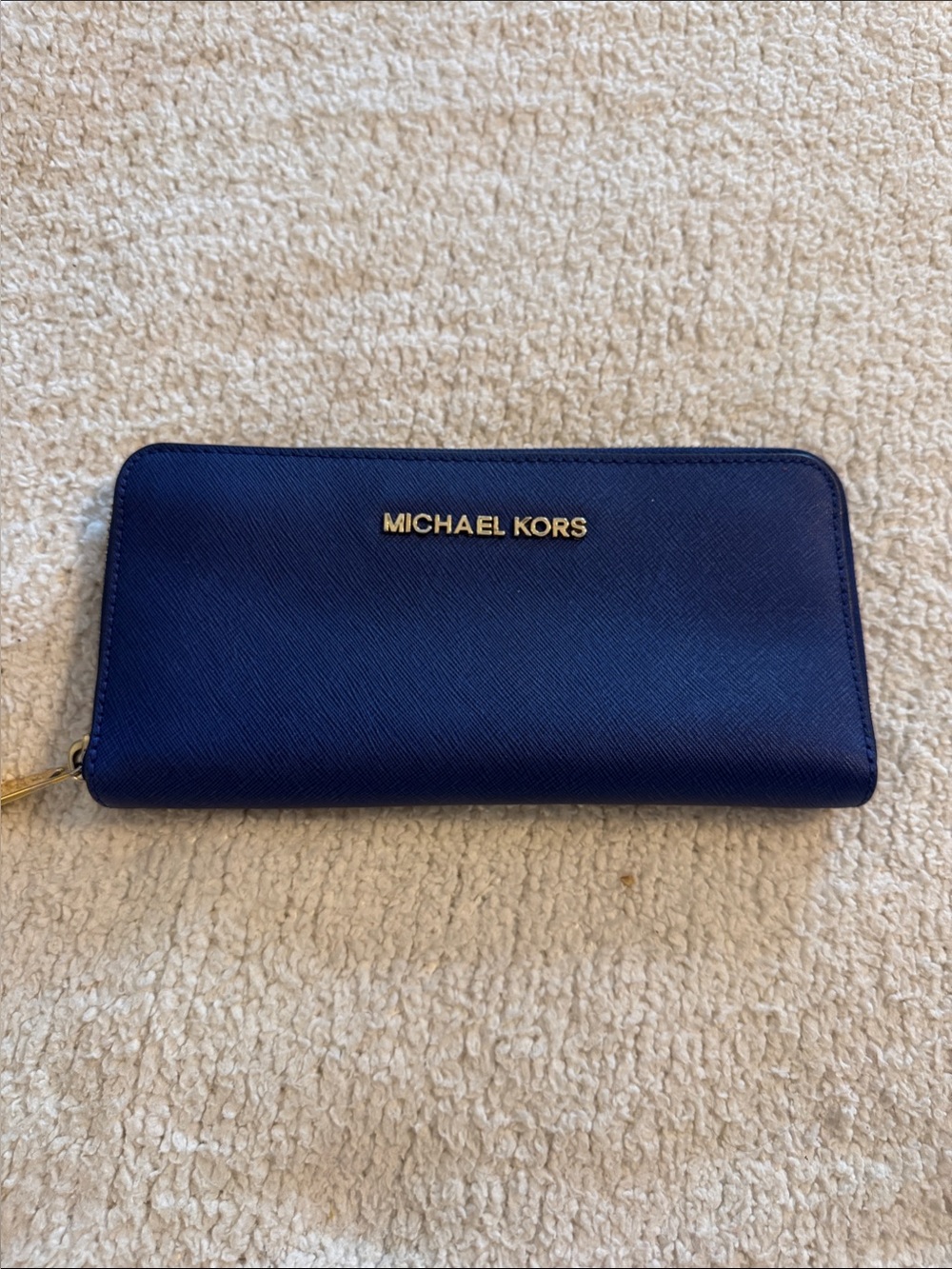 Michael Kors Blue Saffiano Zip Around Wallet with Gold Logo
